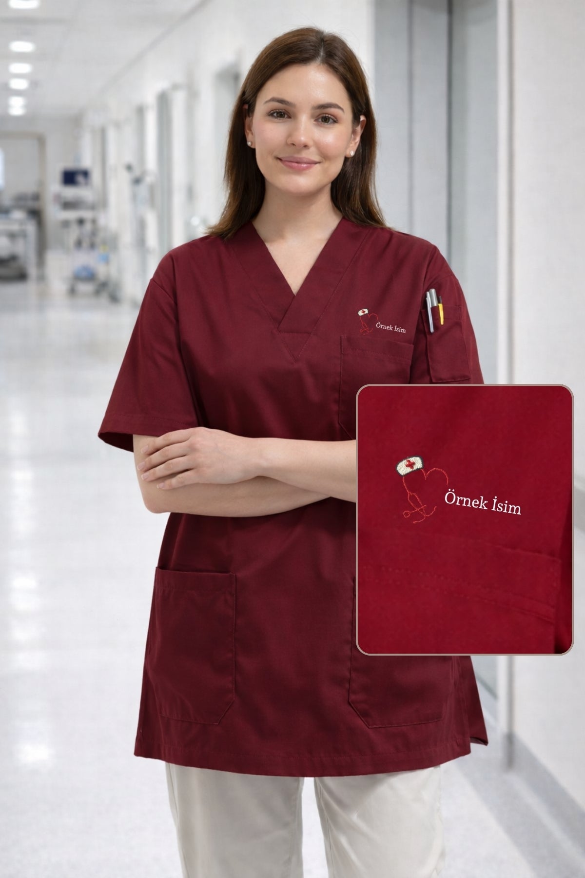Tesettür uyumlu bordo scrubs üst, kadın medikal scrubs forma, rahat kalıp doktor kıyafeti, scrubs modelleri