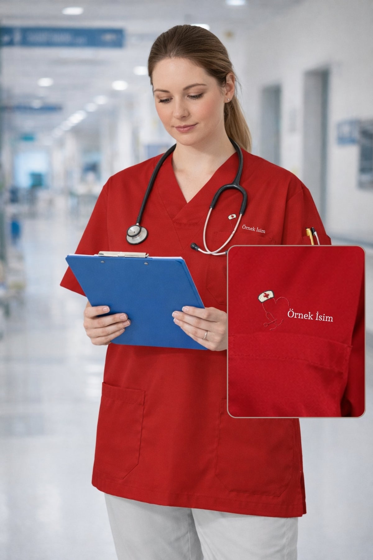 Kadın kırmızı scrubs forma, medikal scrubs üst, rahat kesim pamuklu scrub üniforma