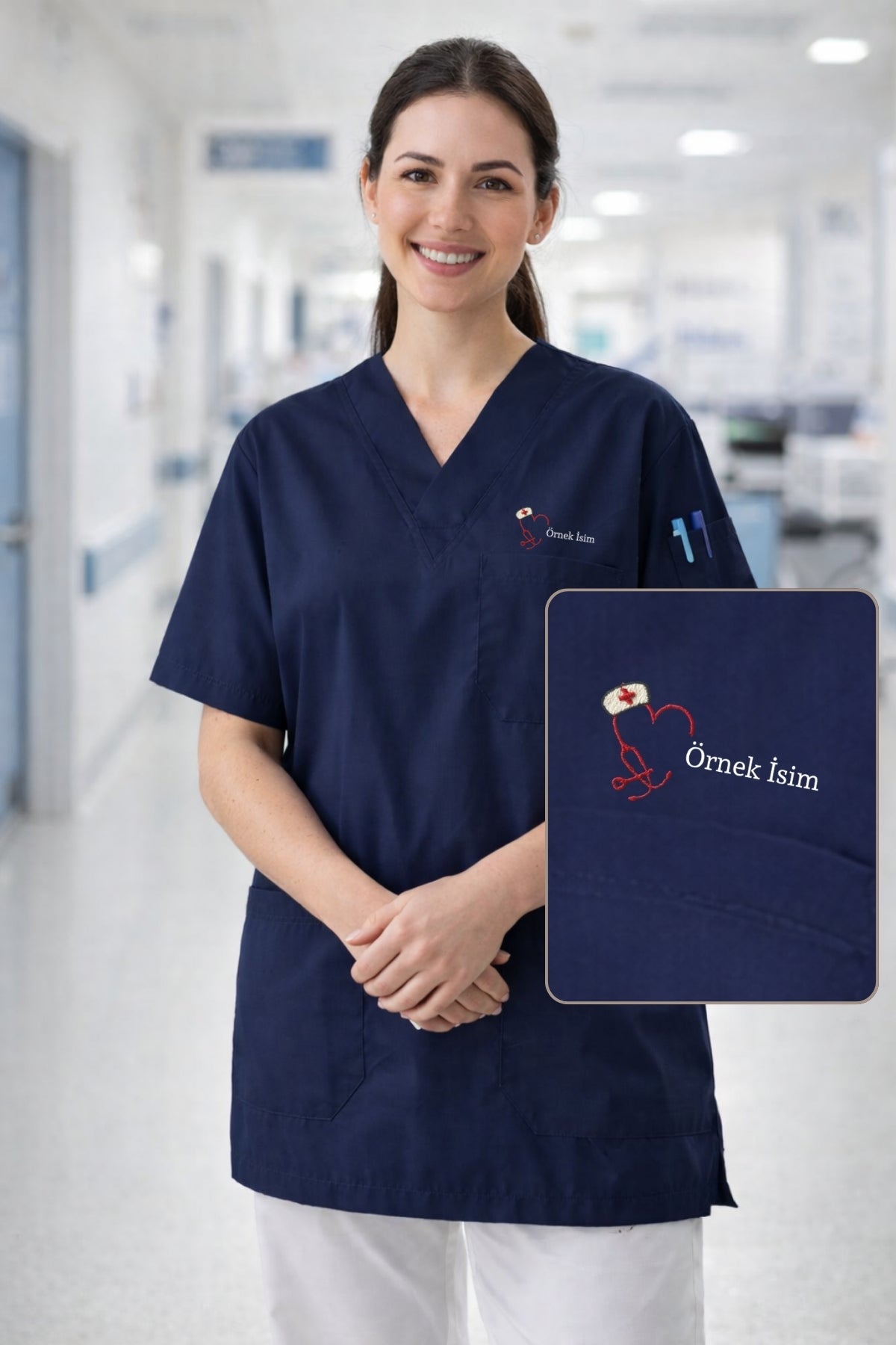 Medical scrubs lacivert üst profesyonel sağlık çalışanı kıyafeti kaliteli scrubs forma