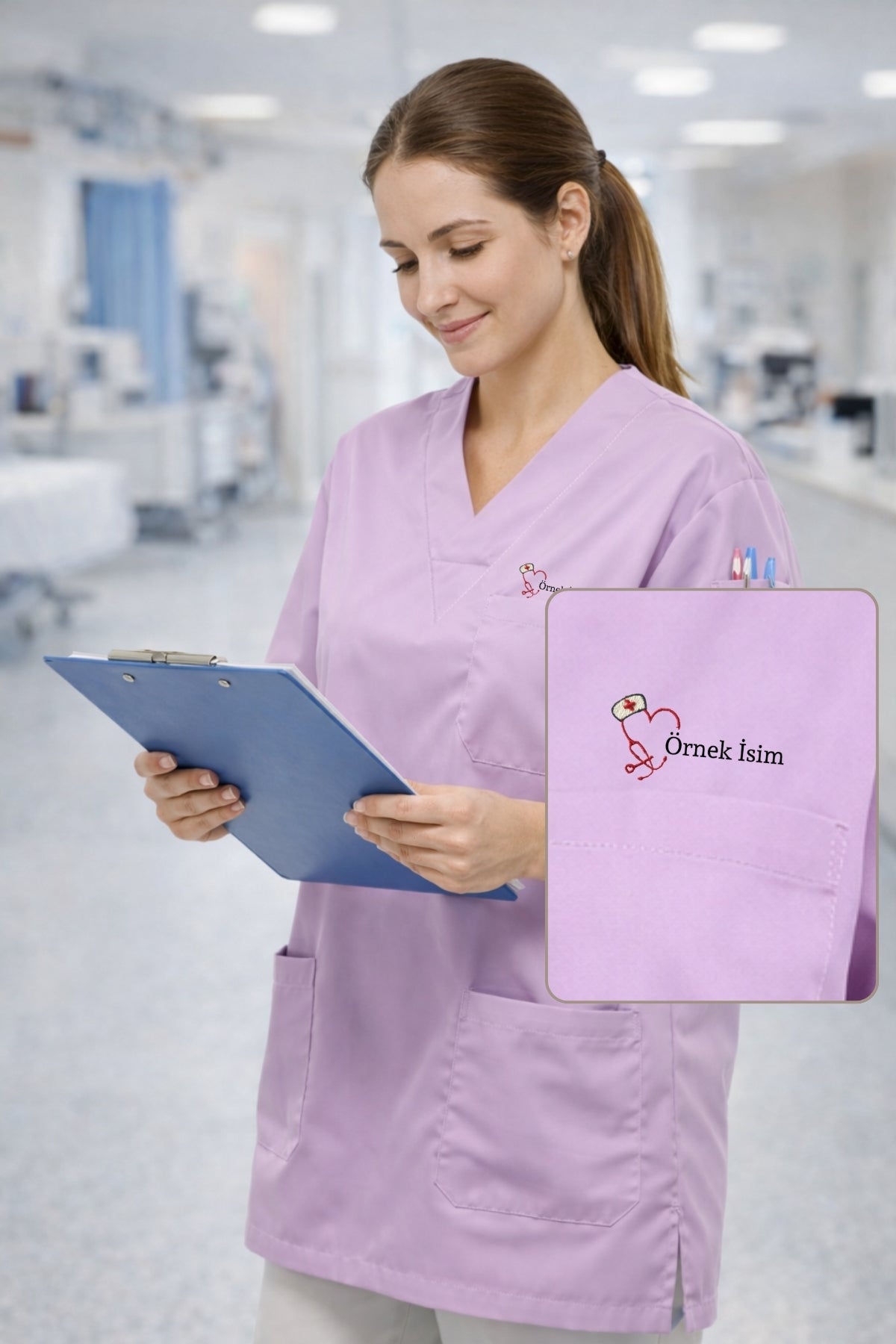 Doktor scrubs lila renk, pamuklu scrubs üniforma kadın, günlük kullanıma uygun rahat scrubs modeli