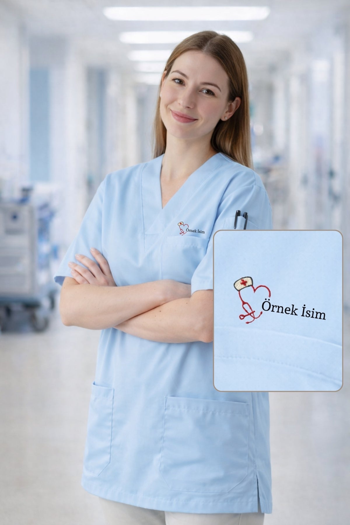 Medical scrubs açık mavi üst, hemşire ve doktorlar için şık ve rahat scrubs üniforma