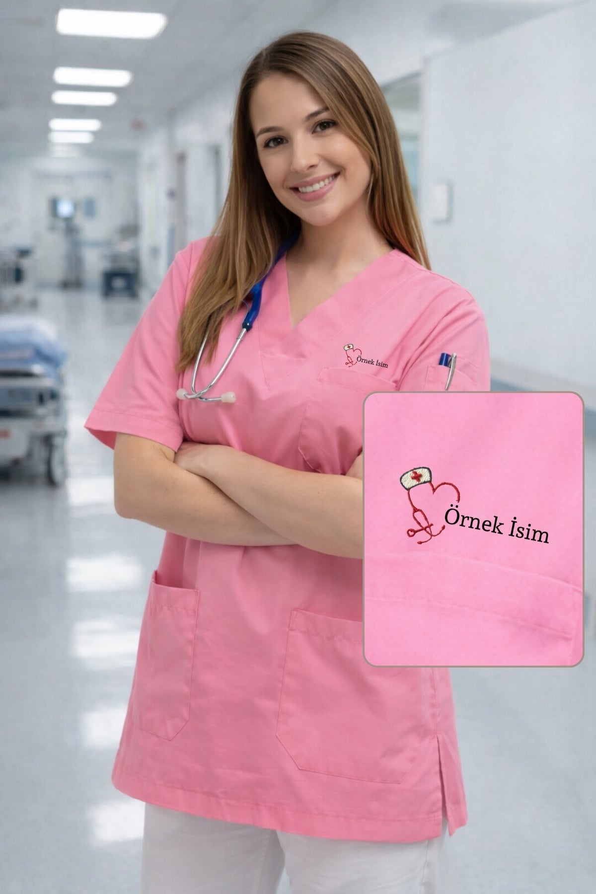 Medical scrubs pembe üst forma, hemşire ve veteriner scrubs üniforma, pamuklu scrubs seçenekleri