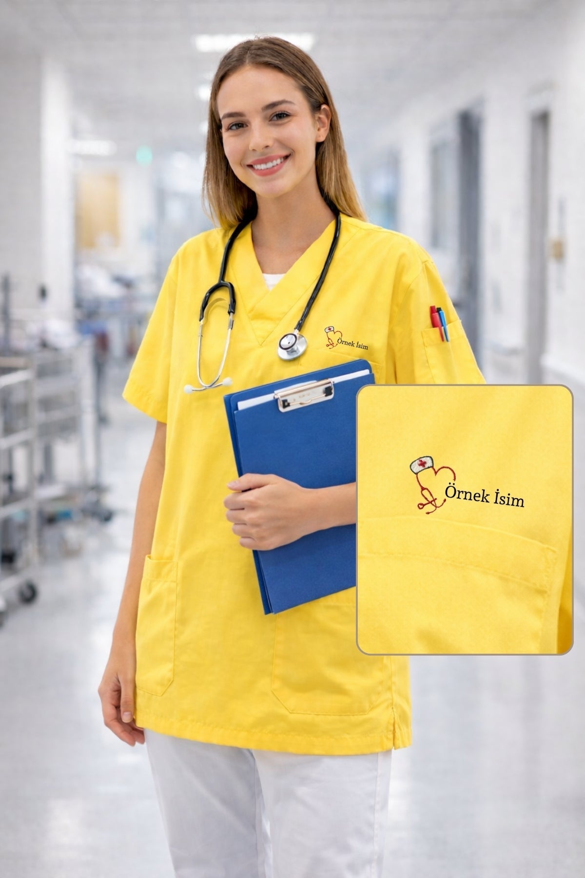 Pamuklu sarı scrubs forma kadın doktor hemşire için rahat kesim medikal scrubs üst