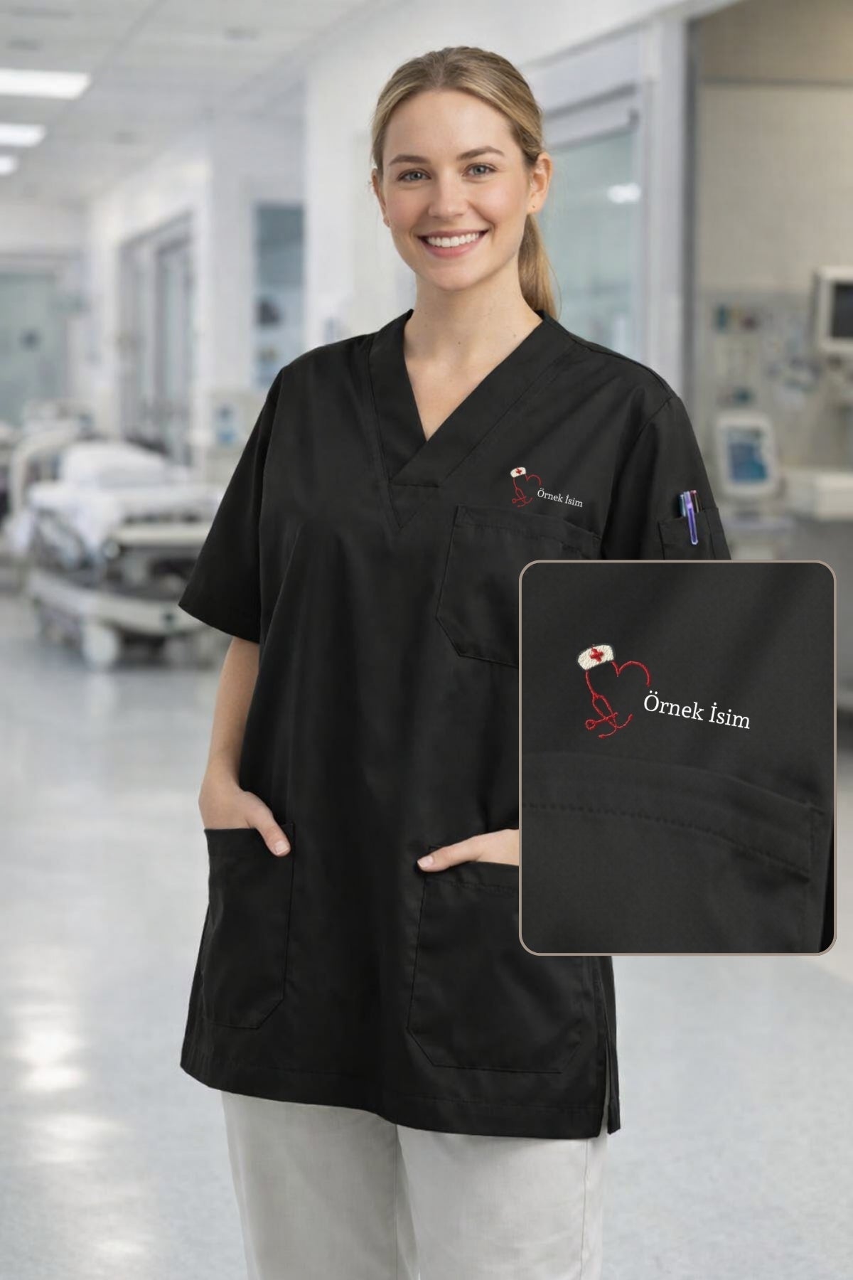 tesettür scrubs siyah forma üst hemşire doktor için pamuklu rahat scrubs kıyafet modeli