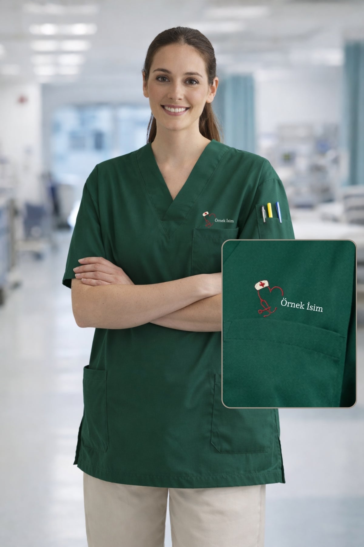 Kadın scrubs forma yeşil, medikal scrubs üst cep detaylı, rahat kesim hemşire ve veteriner scrubs modeli