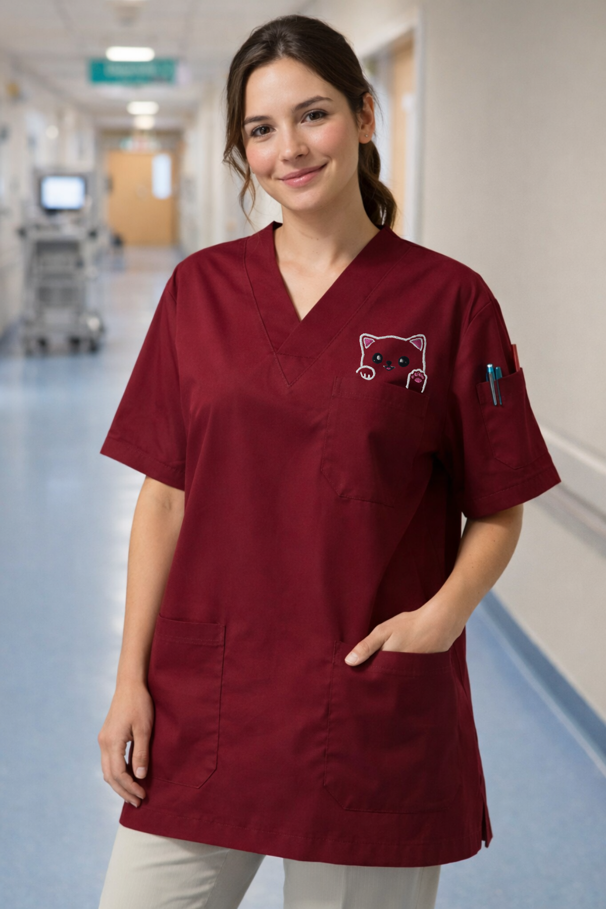 Bordo kadın scrubs forma, modern kesim doktor ve hemşire uniforması