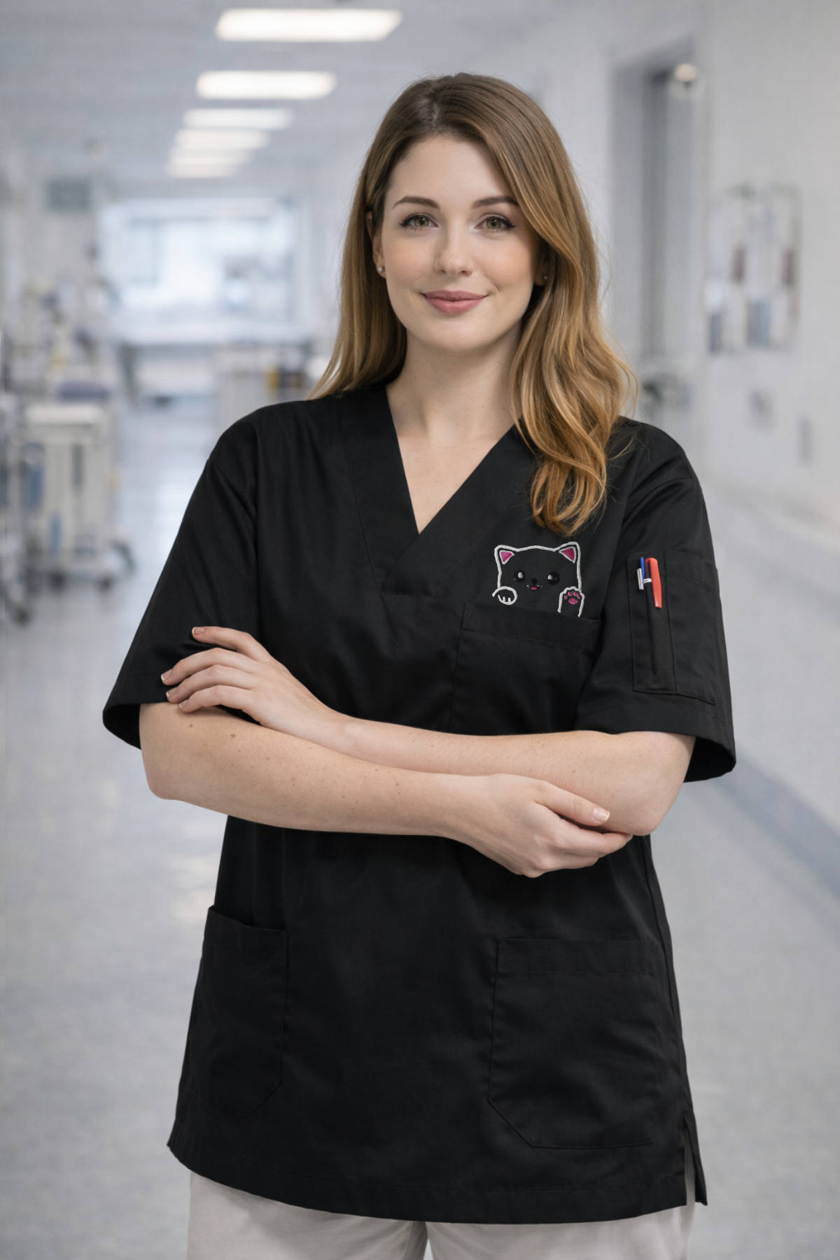 Kadın scrubs üniforma siyah renk, pamuklu rahat doktor ve hemşire forması modeli