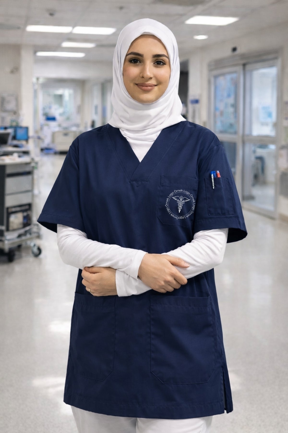 Tesettür uyumlu lacivert scrubs takım üst rahat kalıp hemşire doktor scrubs üniforma