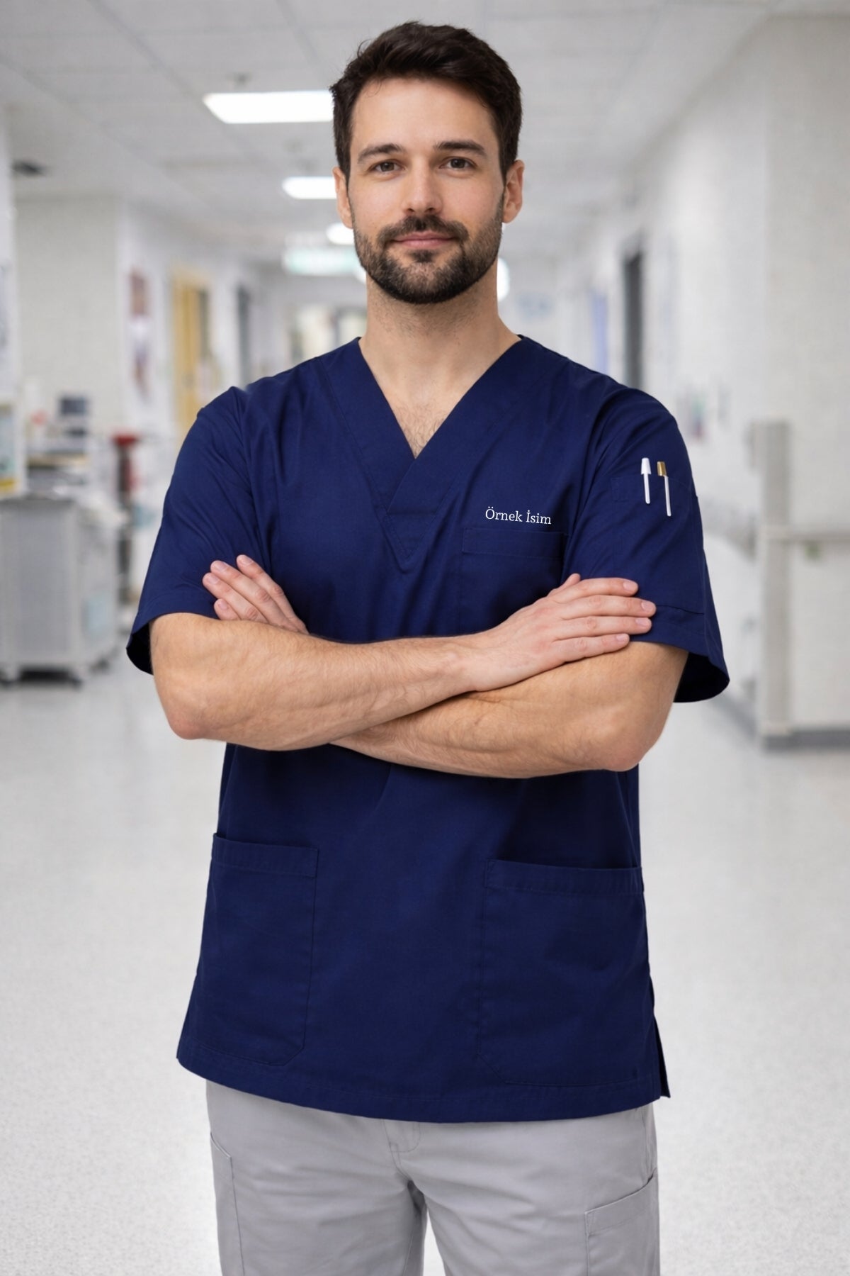 Erkek scrubs modelleri lacivert doktor forması medikal scrubs üst rahat kesim