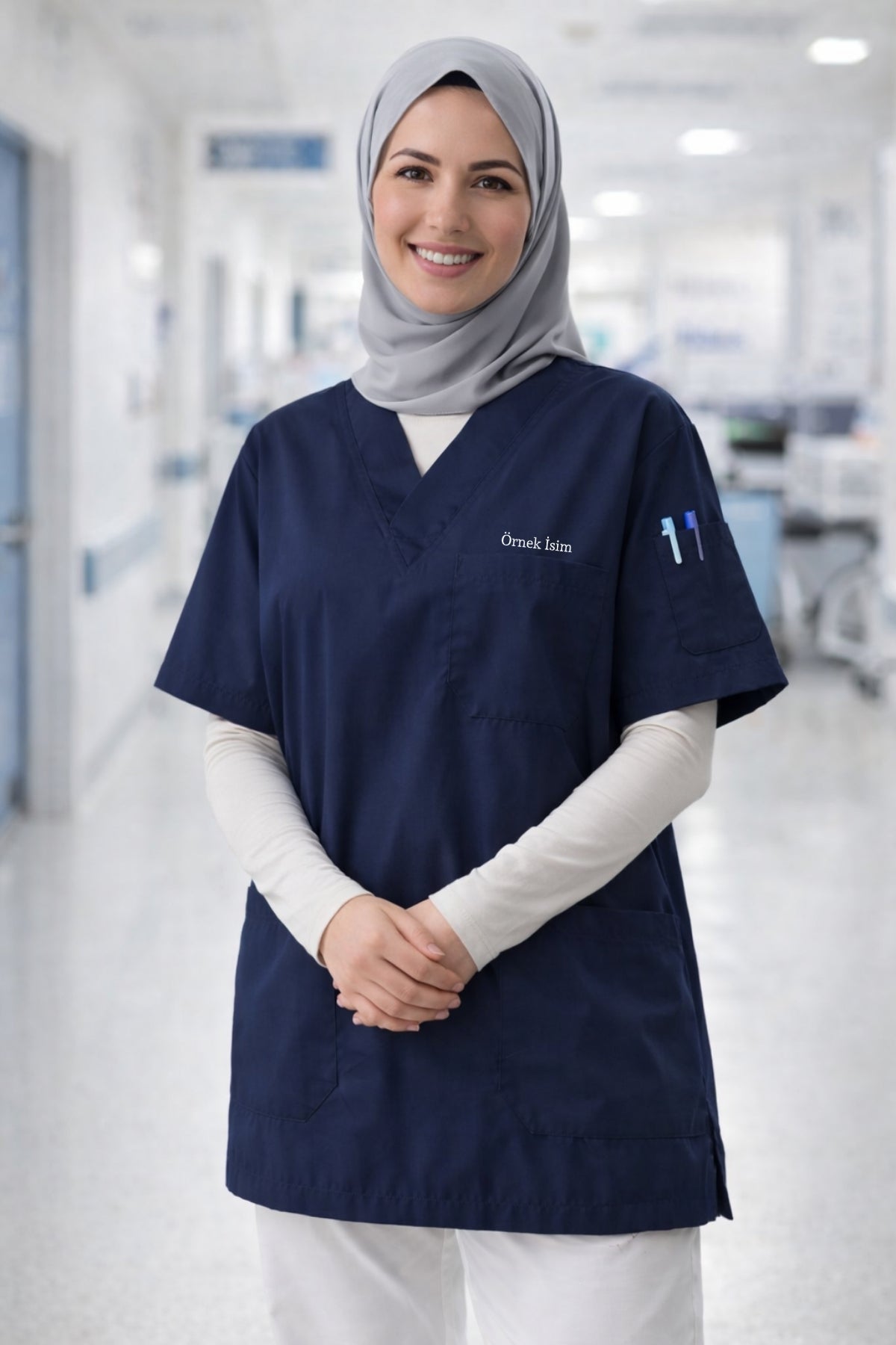 En iyi scrubs markası seçeneklerinden lacivert scrub takım üst, sade ve profesyonel görünüm