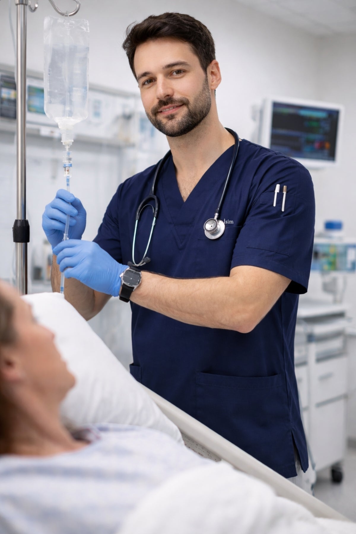 Modern erkek scrubs takım lacivert medikal forma doktor ve hemşire scrubs modeli