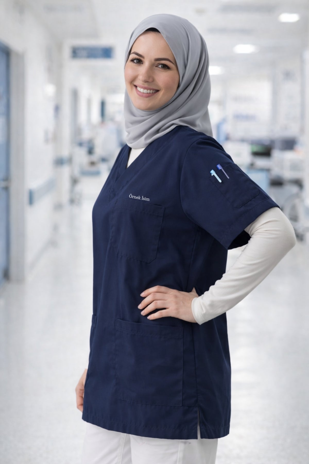 Medical scrubs kategorisinde lacivert scrub üst, hemşire ve doktorlar için şık ve rahat forma