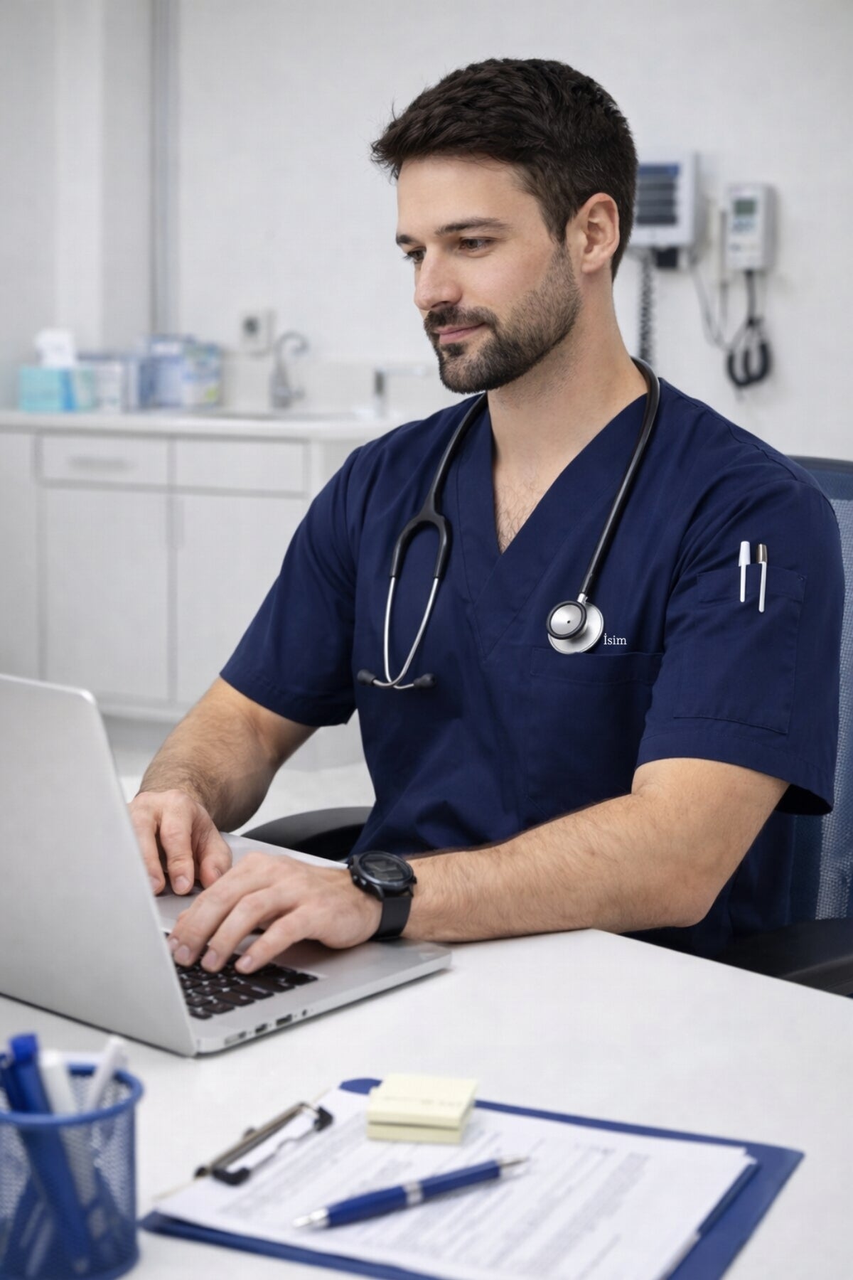 Profesyonel medical scrubs erkek lacivert scrub forma hastane üniforması