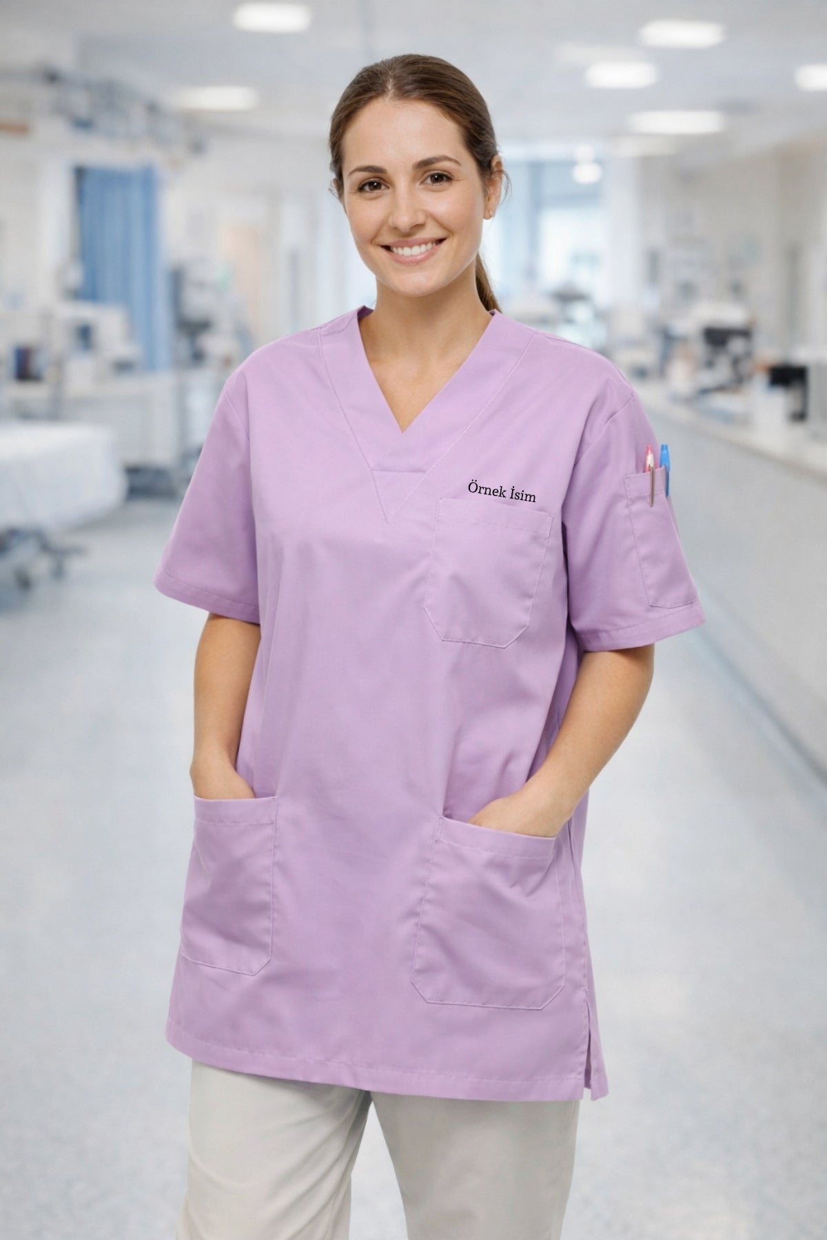 Kadın scrubs lila renk, medikal scrubs forma üst, hemşire ve doktorlar için şık scrubs kıyafet