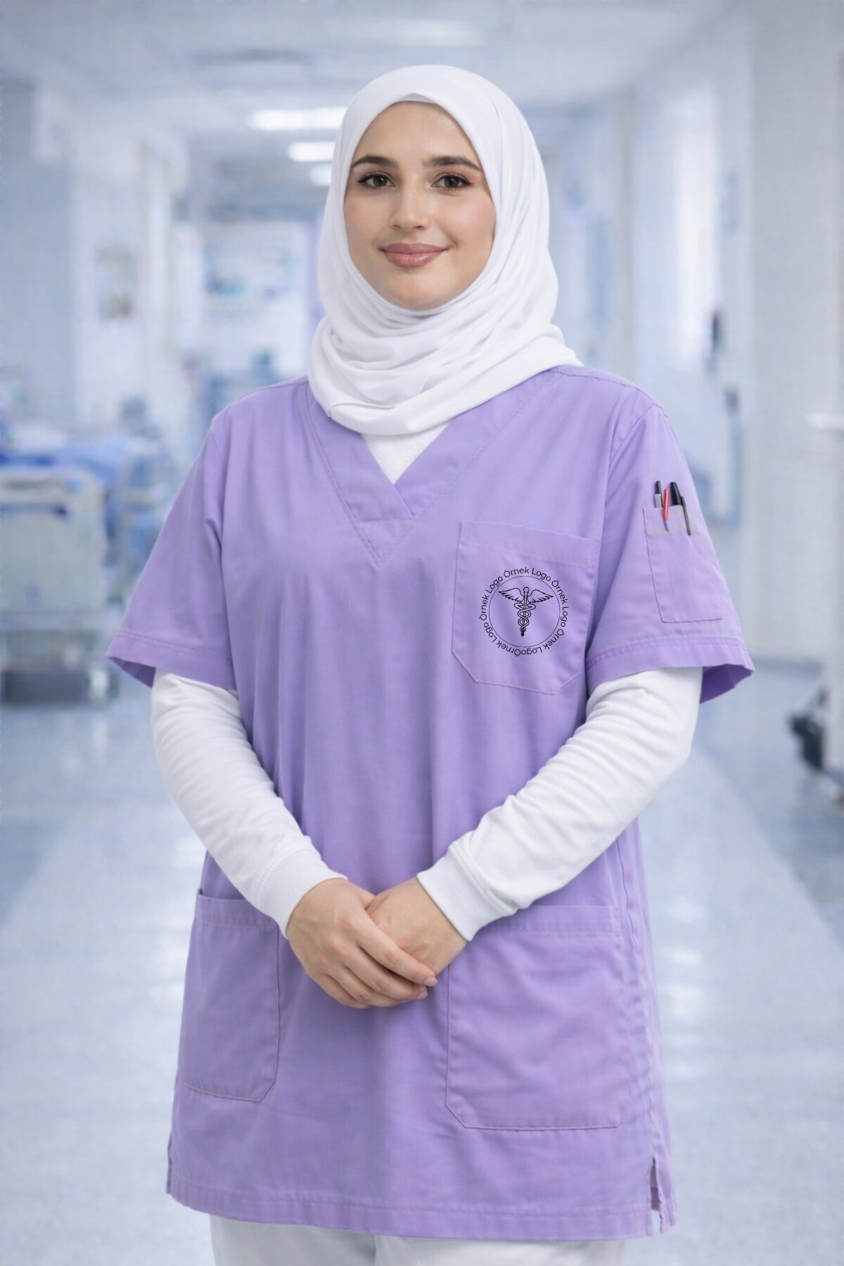 Lila scrubs üst model, tesettür uyumlu medical scrubs, konforlu ve kaliteli scrubs forma