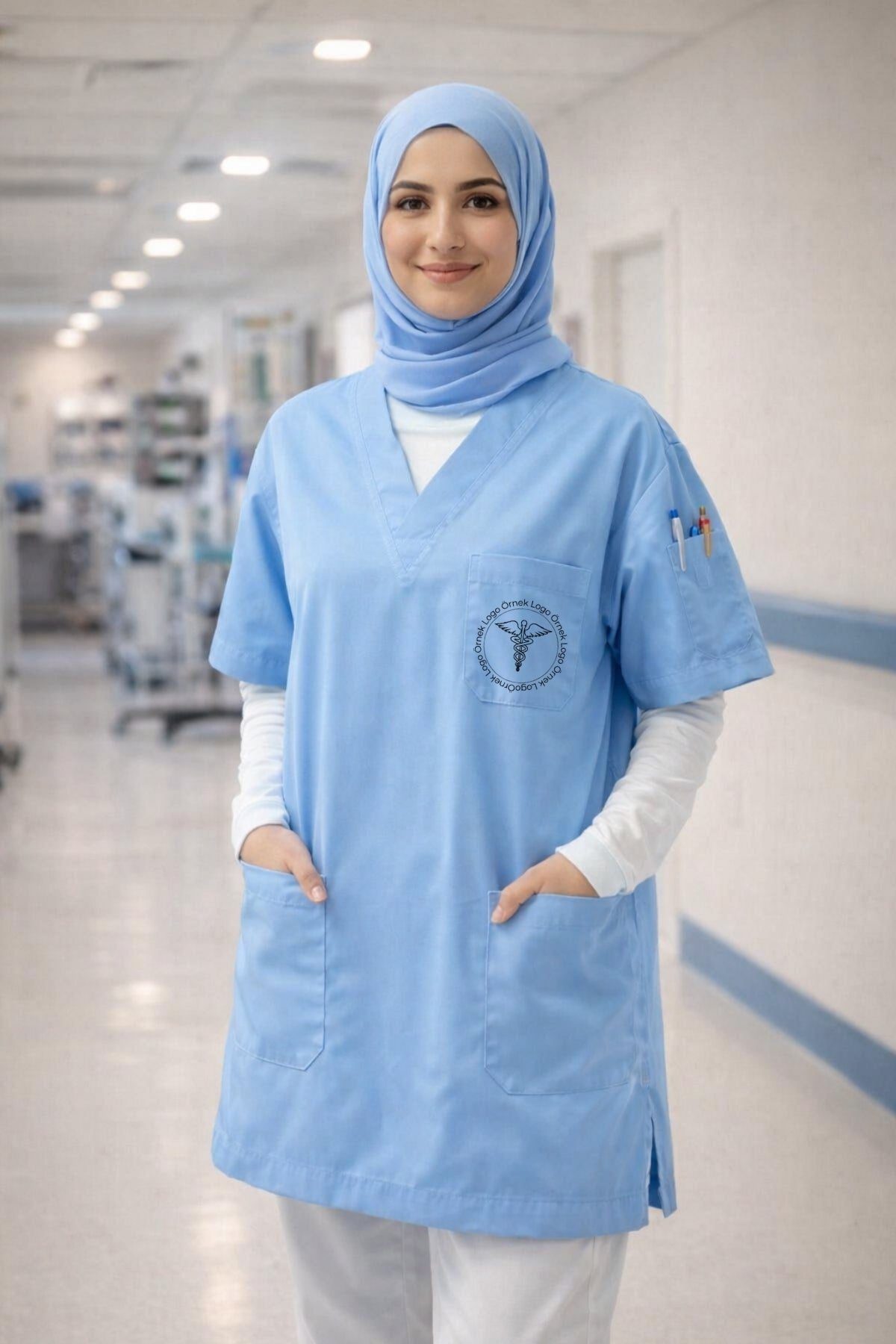 Kadın scrubs modelleri açık mavi, konforlu cerrahi scrubs forma üst tasarımı