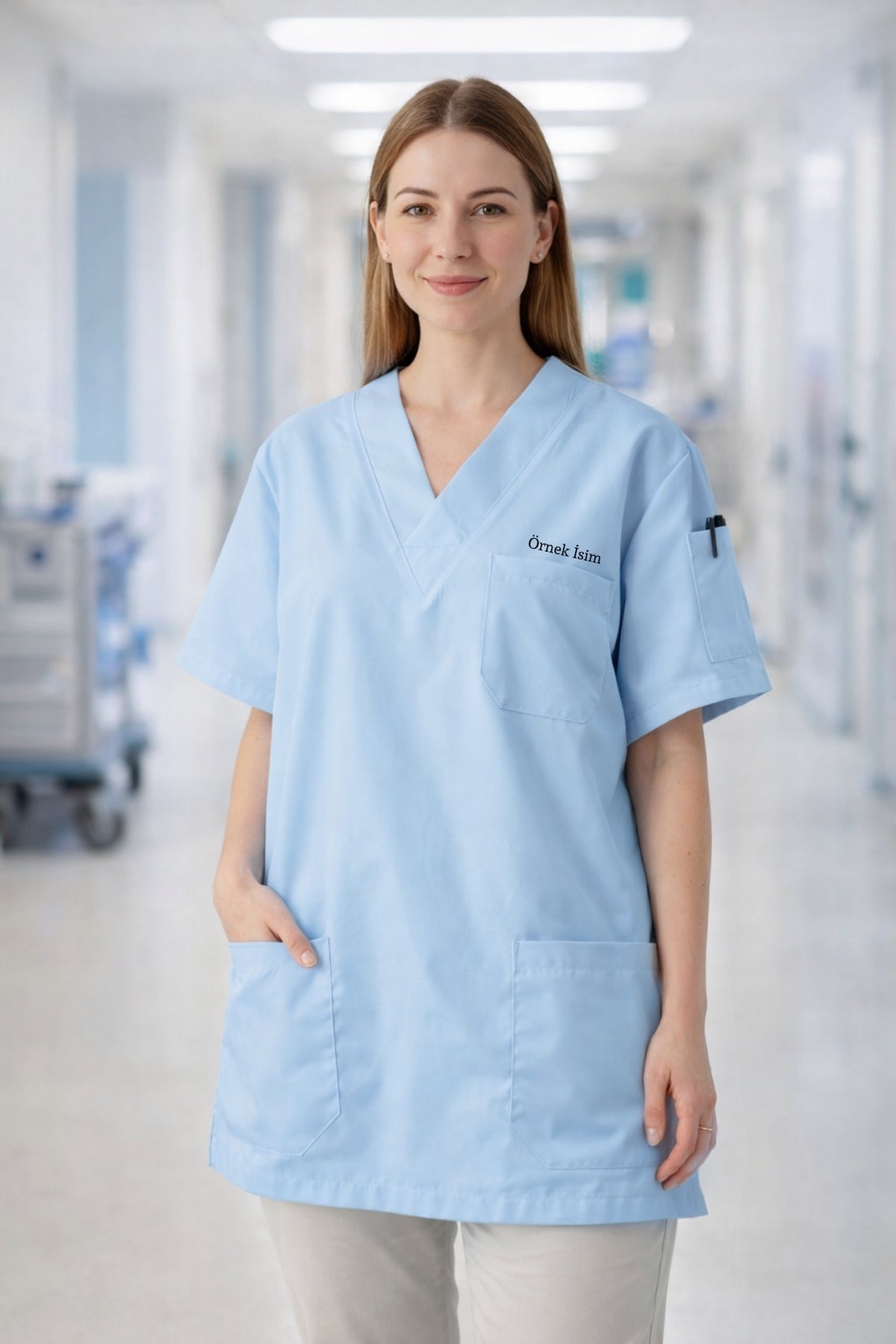 Mavi scrubs üst, pamuklu medikal forma, kadın ve erkek için modern scrubs kıyafet