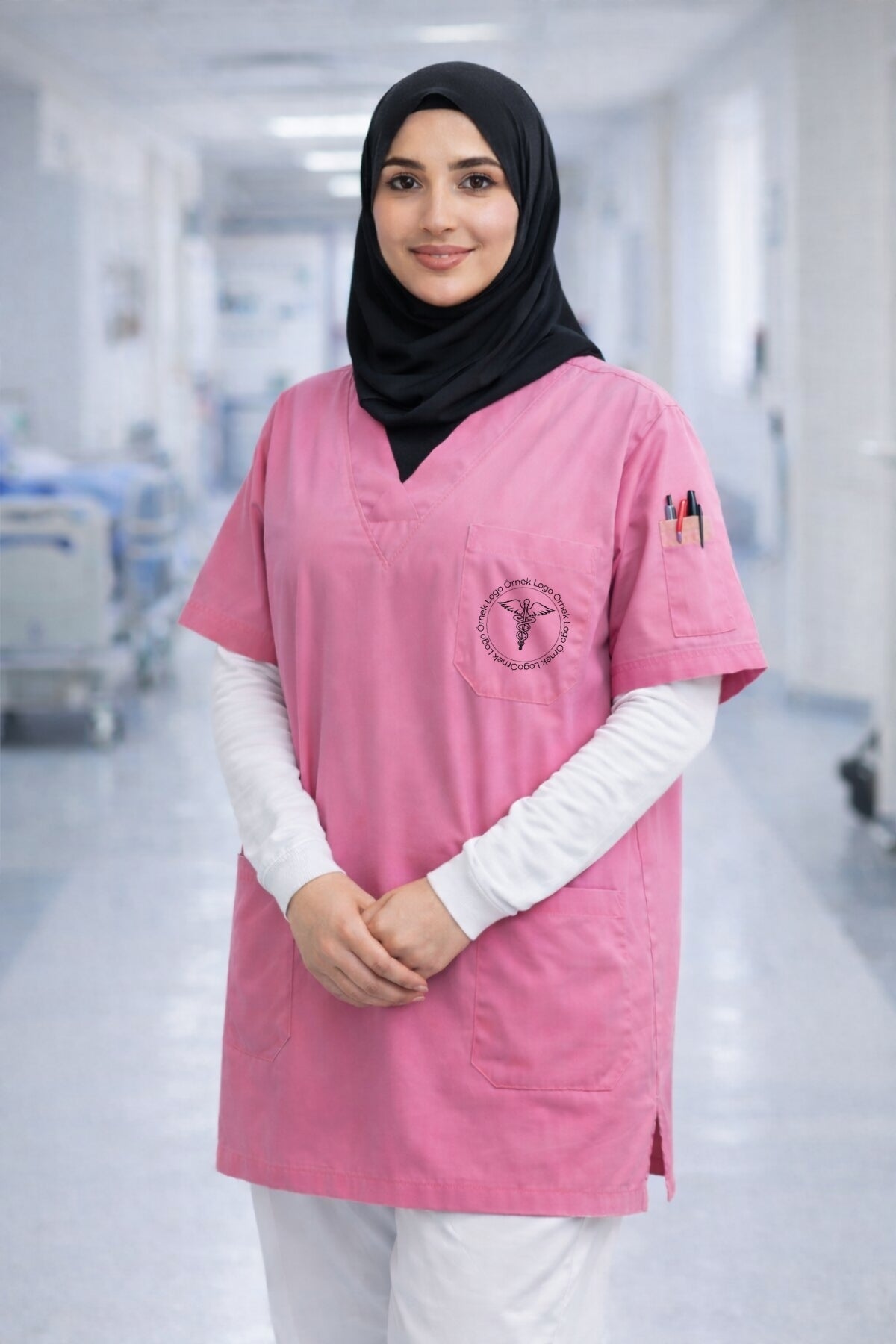Pembe doktor scrubs forma üst, cerrahi scrubs kıyafet, kaliteli ve şık scrubs modelleri