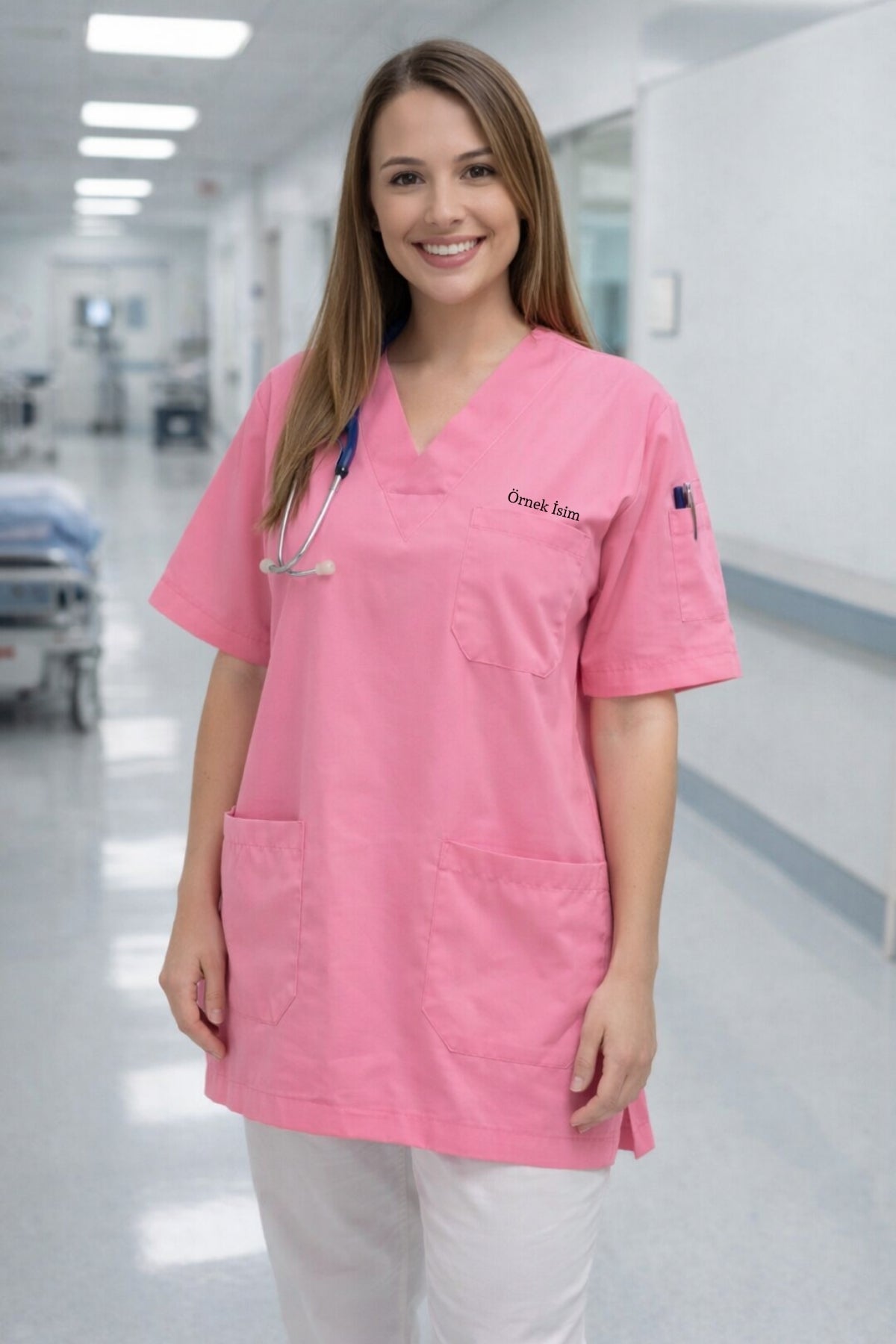 Kadın pembe scrubs üst, tesettür scrubs forma, medikal scrubs modelleri ve rahat kullanım