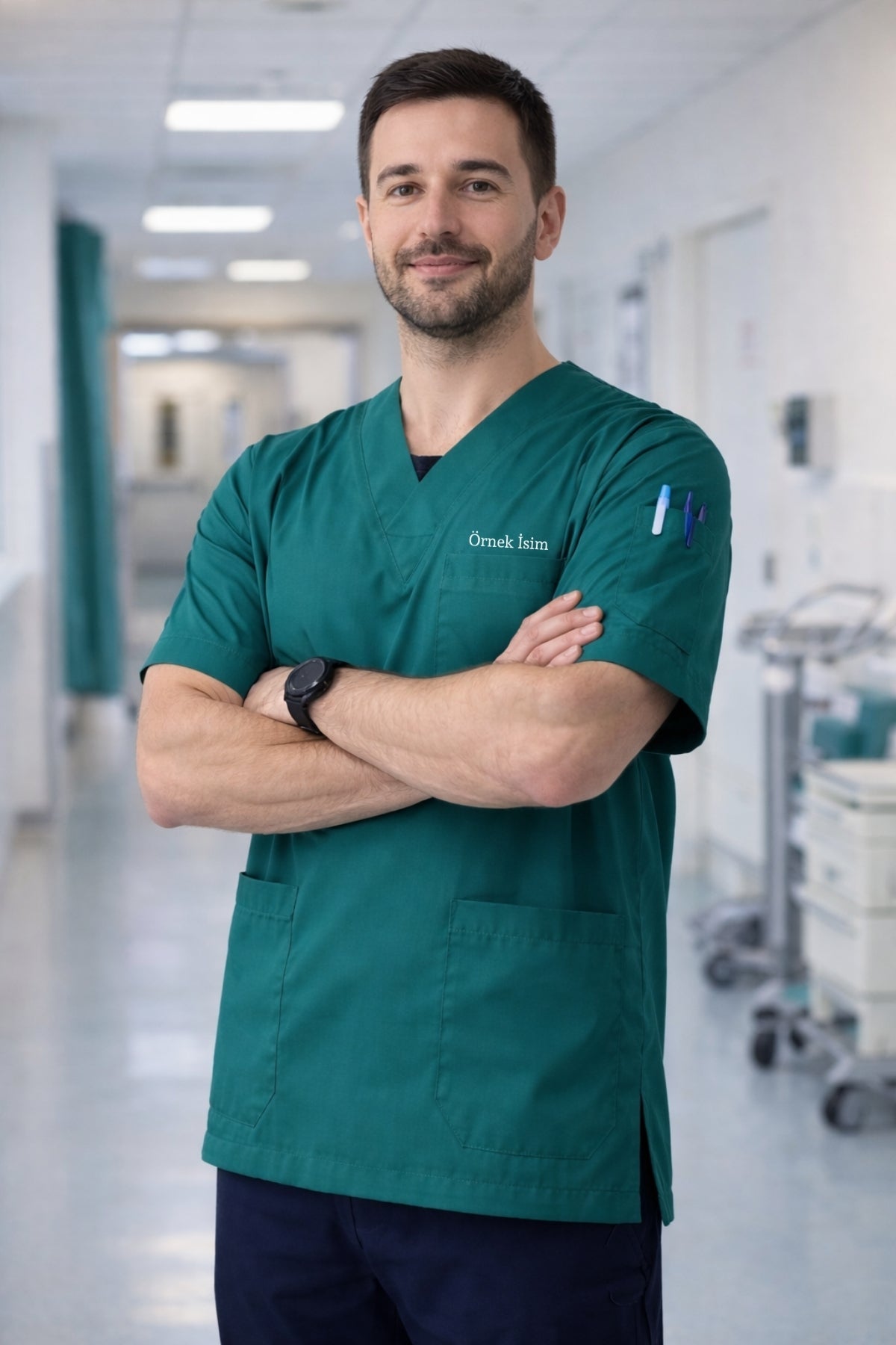 Erkek scrubs modelleri yeşil renk, rahat kesim pamuklu doktor scrubs üst
