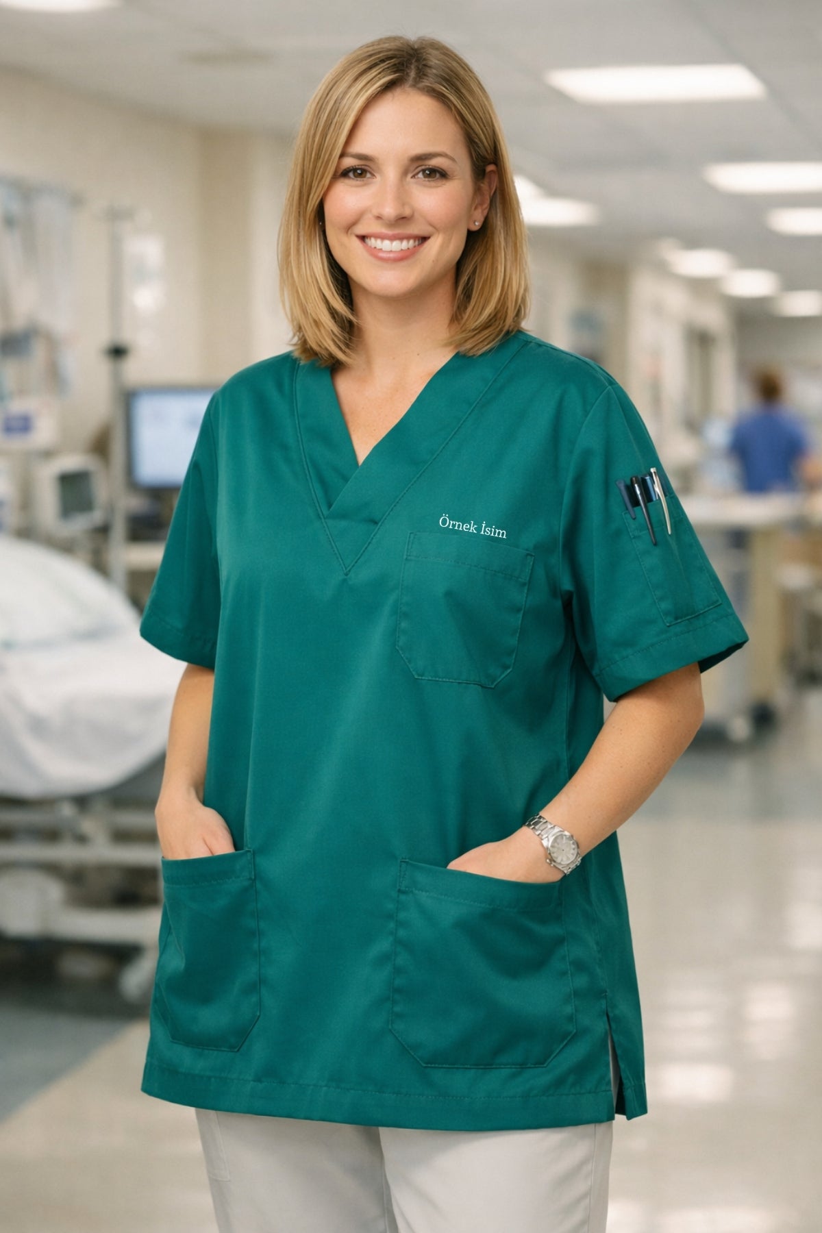 Kadın petrol yeşili scrubs üst, tesettür uyumlu medical scrubs forma, konforlu ve şık scrubs modeli