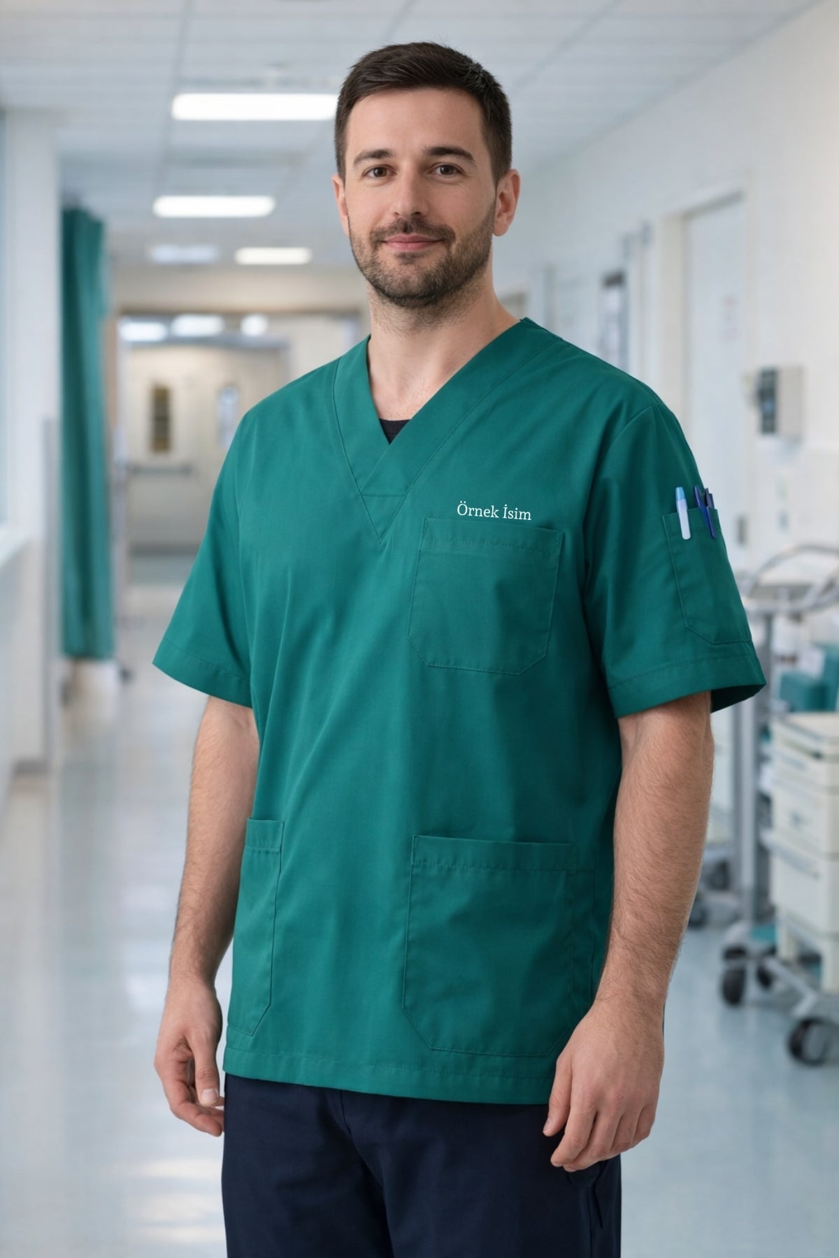 Yeşil erkek scrubs forma, doktor ve hemşireler için modern medikal scrubs üniforma