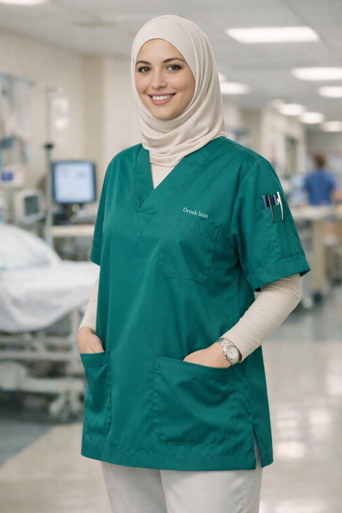 kadın scrubs tesettür uzun kollu medikal forma yeşil scrub üst hastane kıyafeti