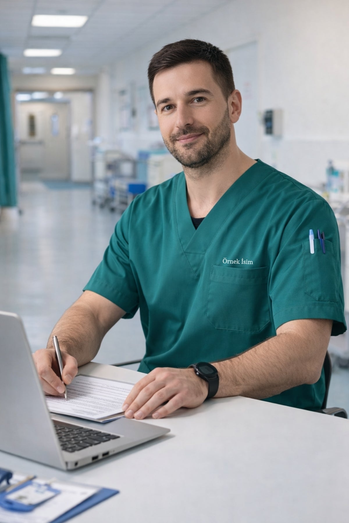 Erkek scrubs forma yeşil, konforlu ve şık medical scrubs modeli