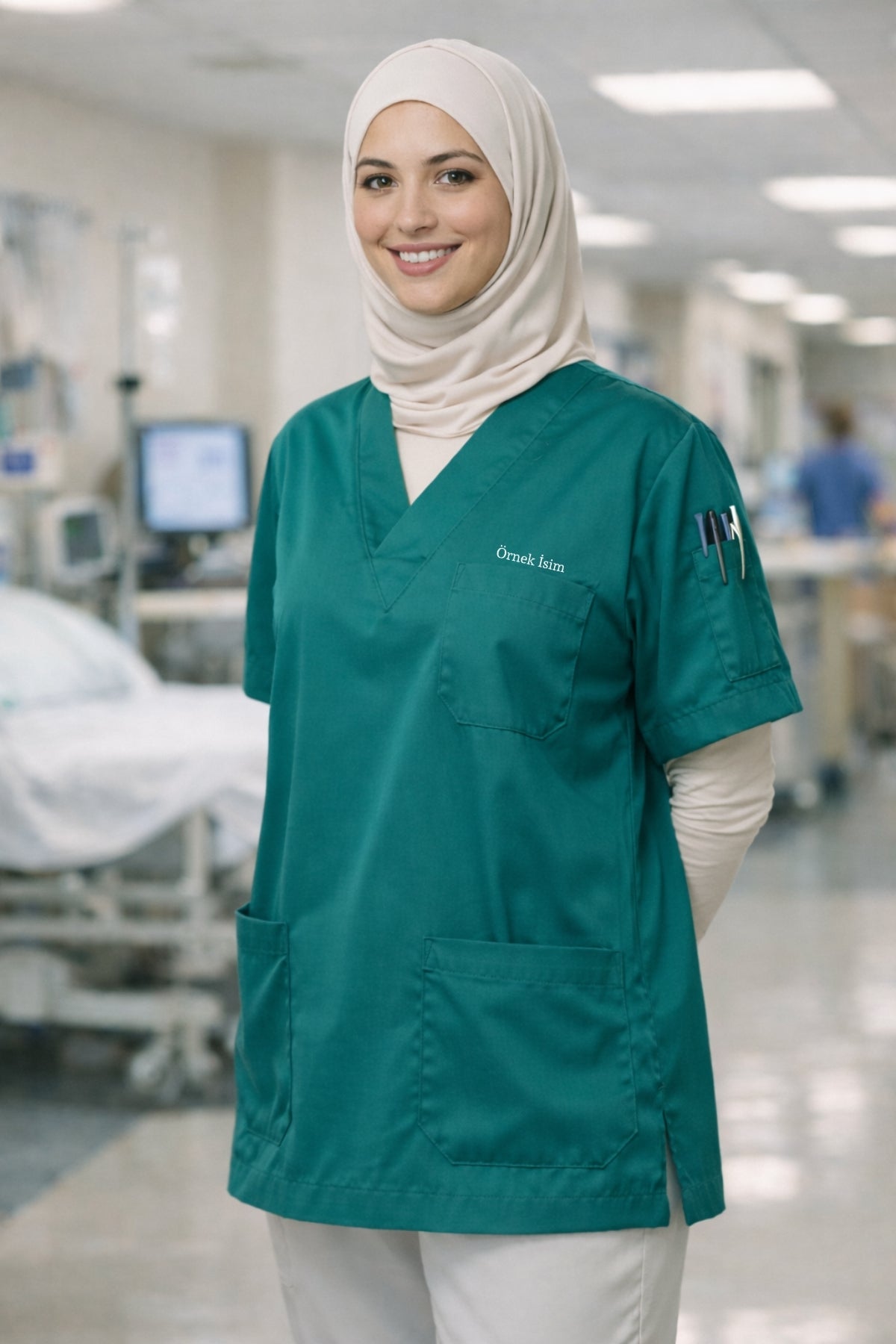tesettür scrubs forma yeşil kadın doktor hemşire üniforma pamuklu scrubs üst