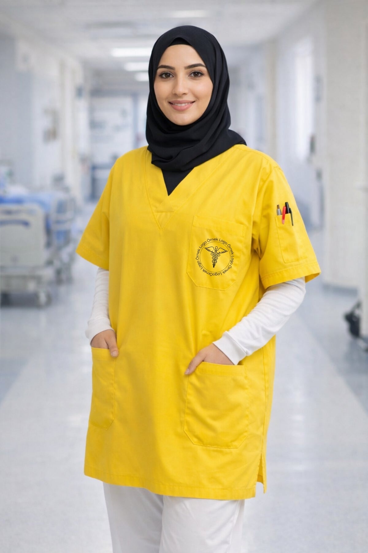 Sarı medical scrubs üst cep detaylı hemşire doktor üniforma modern scrubs kıyafet