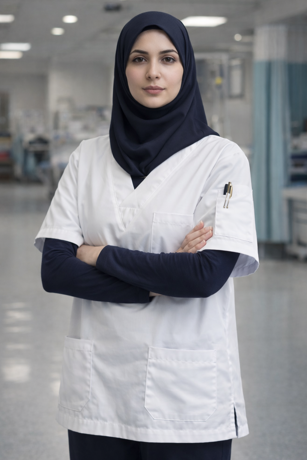 beyaz tesettür scrubs forma kadın doktor hemşire medikal üniforma modern model