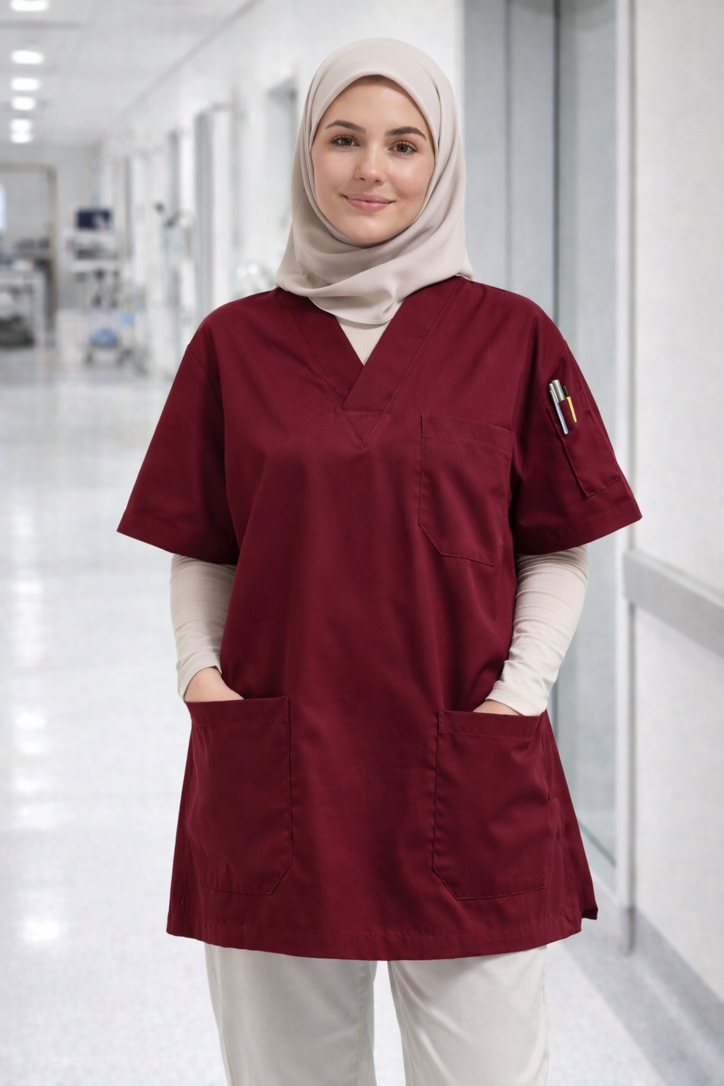 Bordo scrubs üst, kadın scrubs modelleri arasında şık ve kullanışlı tasarım