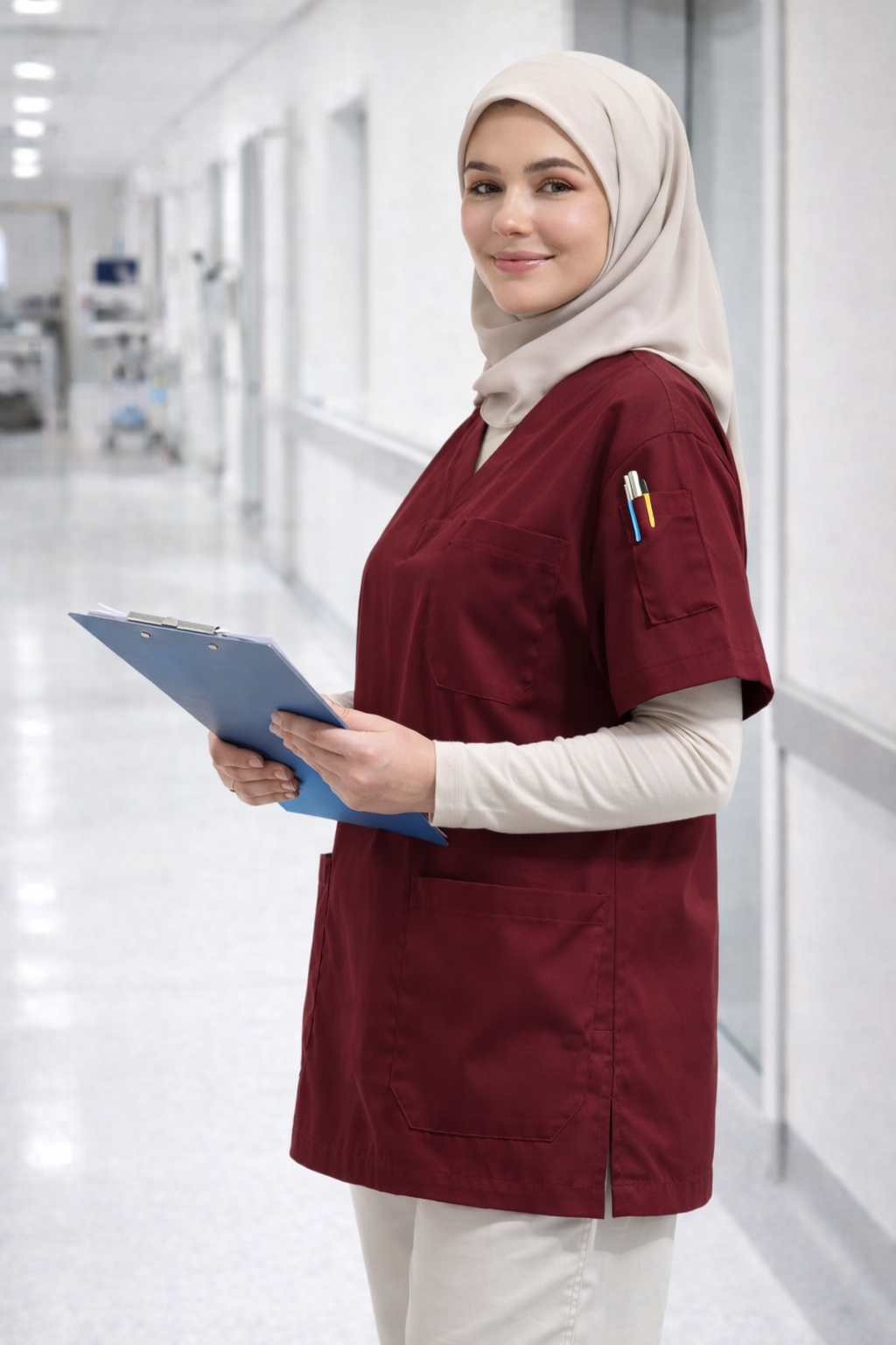Medical scrubs bordo renk, hemşire ve veteriner scrubs için ideal forma