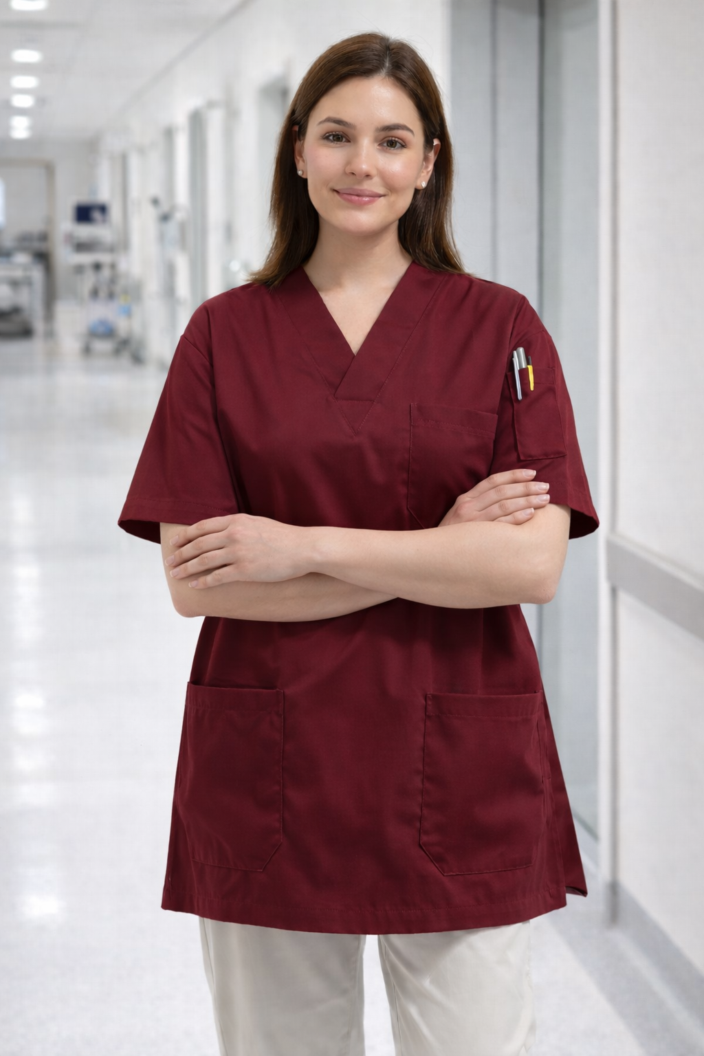 Bordo kadın scrubs forma, doktor ve hemşireler için modern medical scrubs üniforma