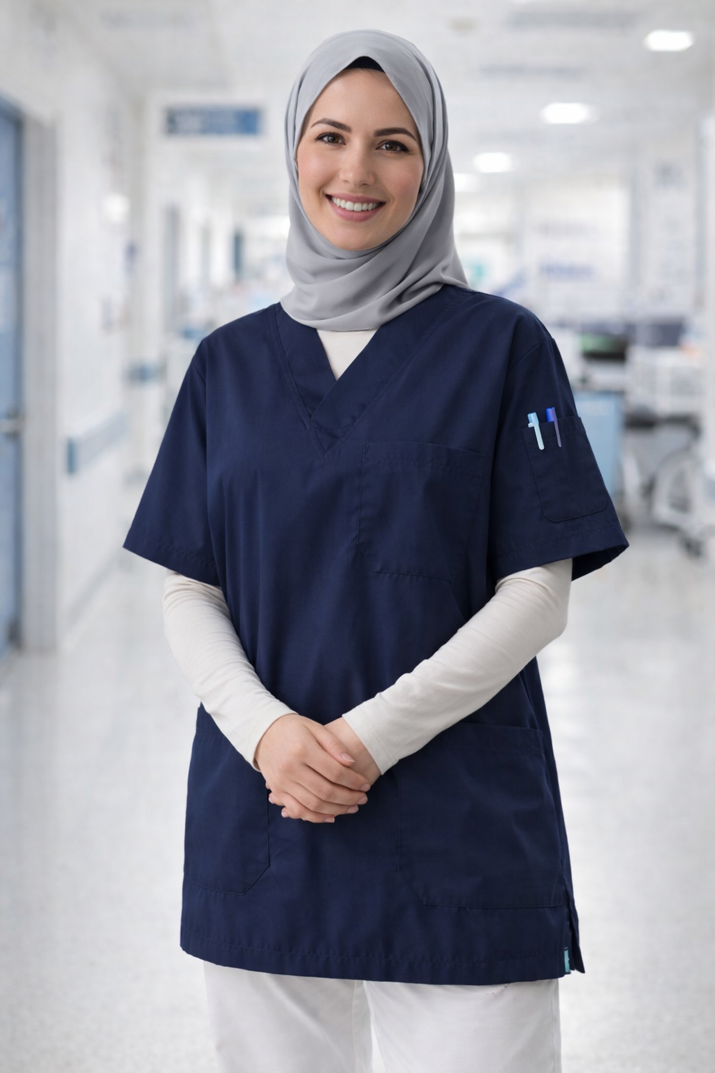 lacivert tesettür scrubs forma kadın doktor hemşire medikal üniforma