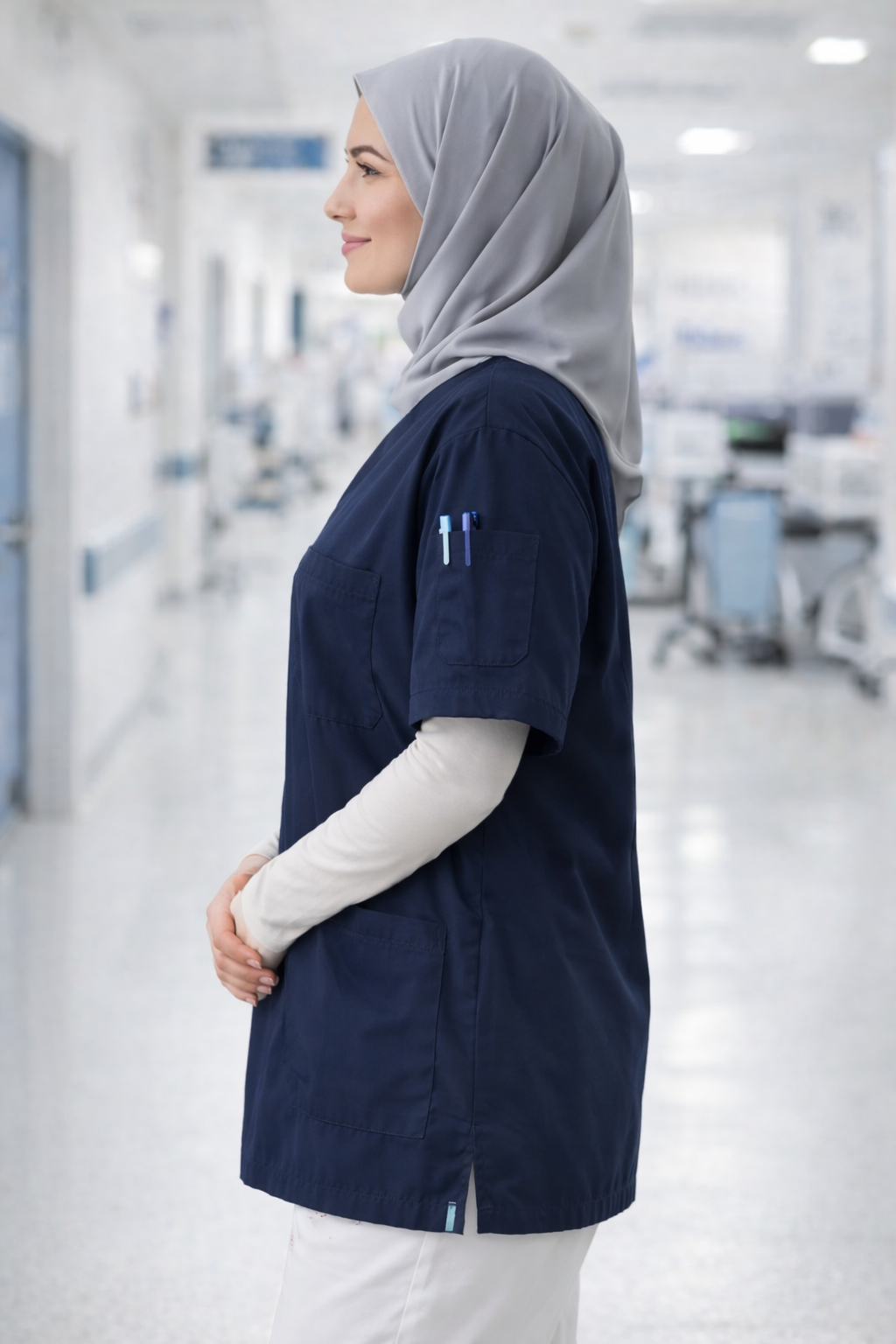 kadın scrubs lacivert uzun üst pamuklu medikal scrubs üniforma