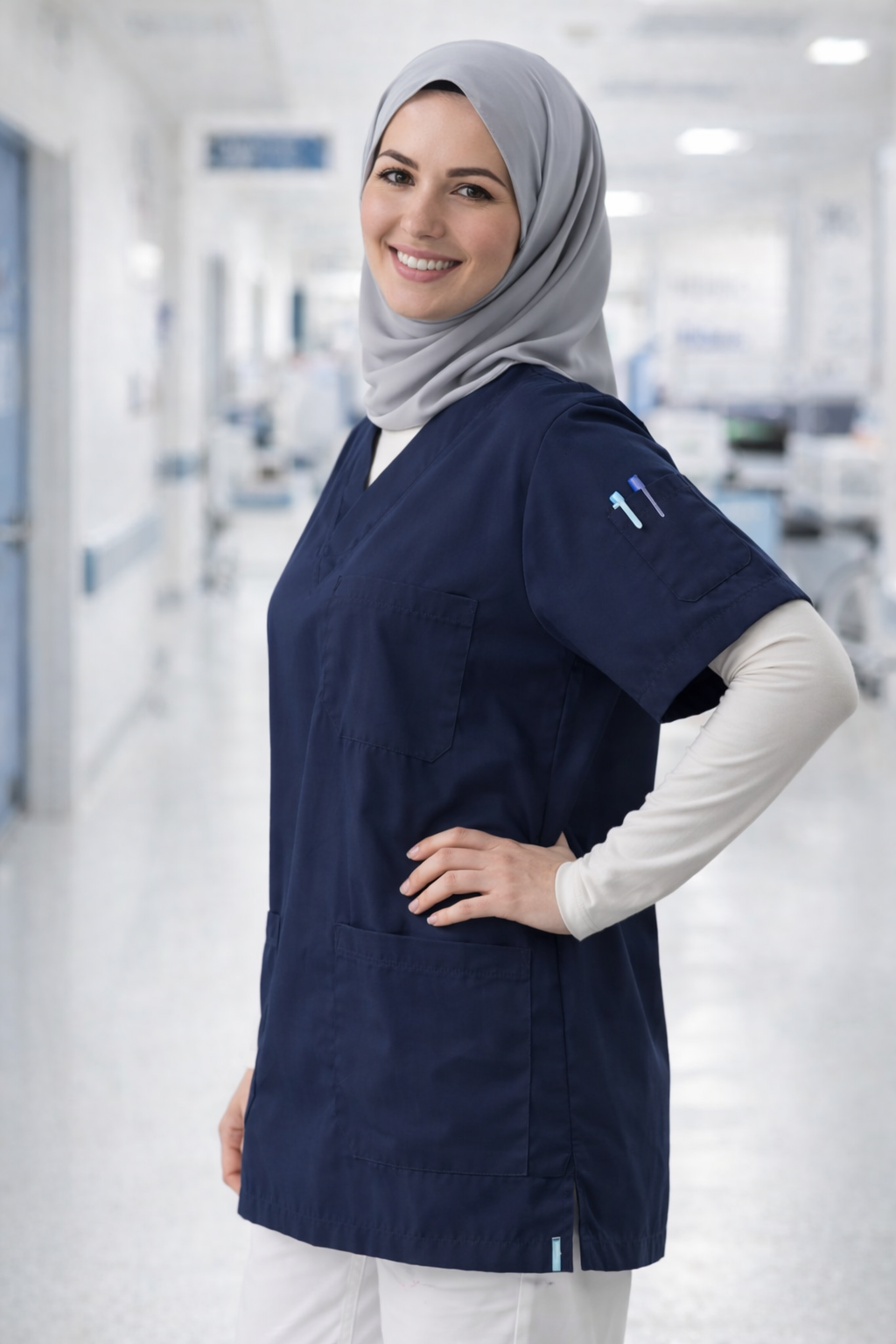 tesettür scrubs modeli lacivert modern doktor forması medical scrubs