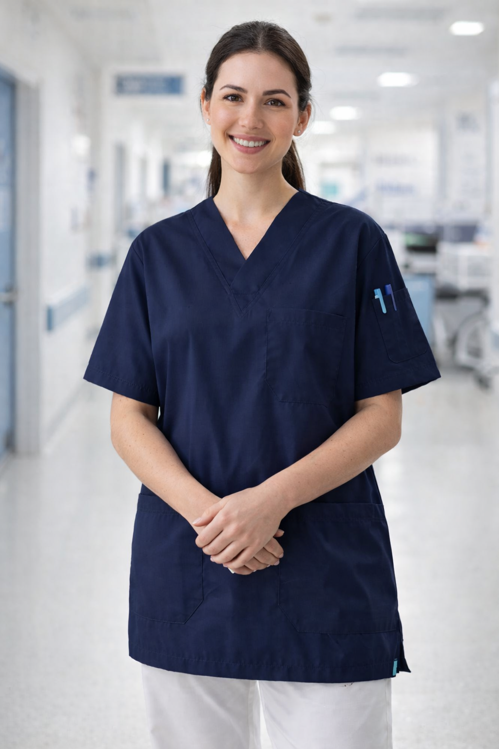 pamuklu lacivert scrubs üst tesettür hemşire doktor üniforma scrubs