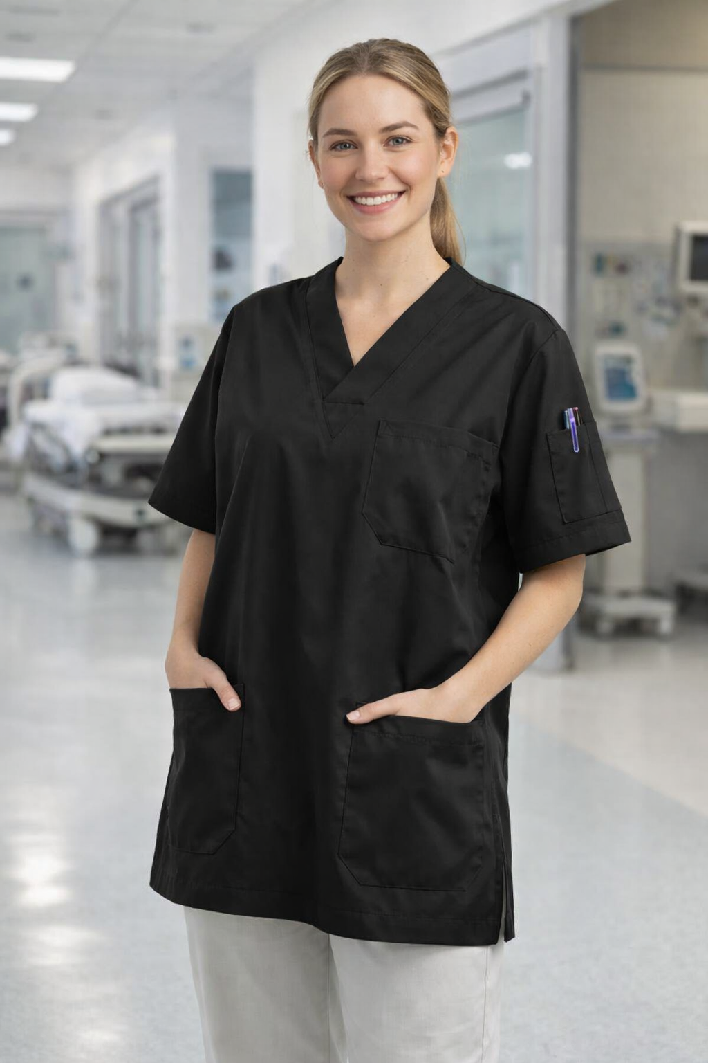 Siyah kadın scrubs forma, modern kesim doktor ve hemşire üniforma modeli