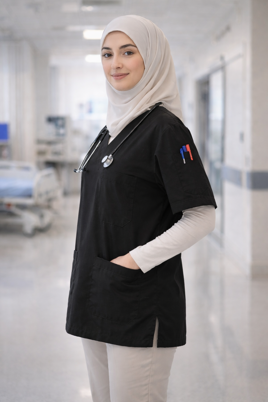 Rahat kesim siyah scrubs üst, kadın doktor ve veteriner scrubs kıyafeti