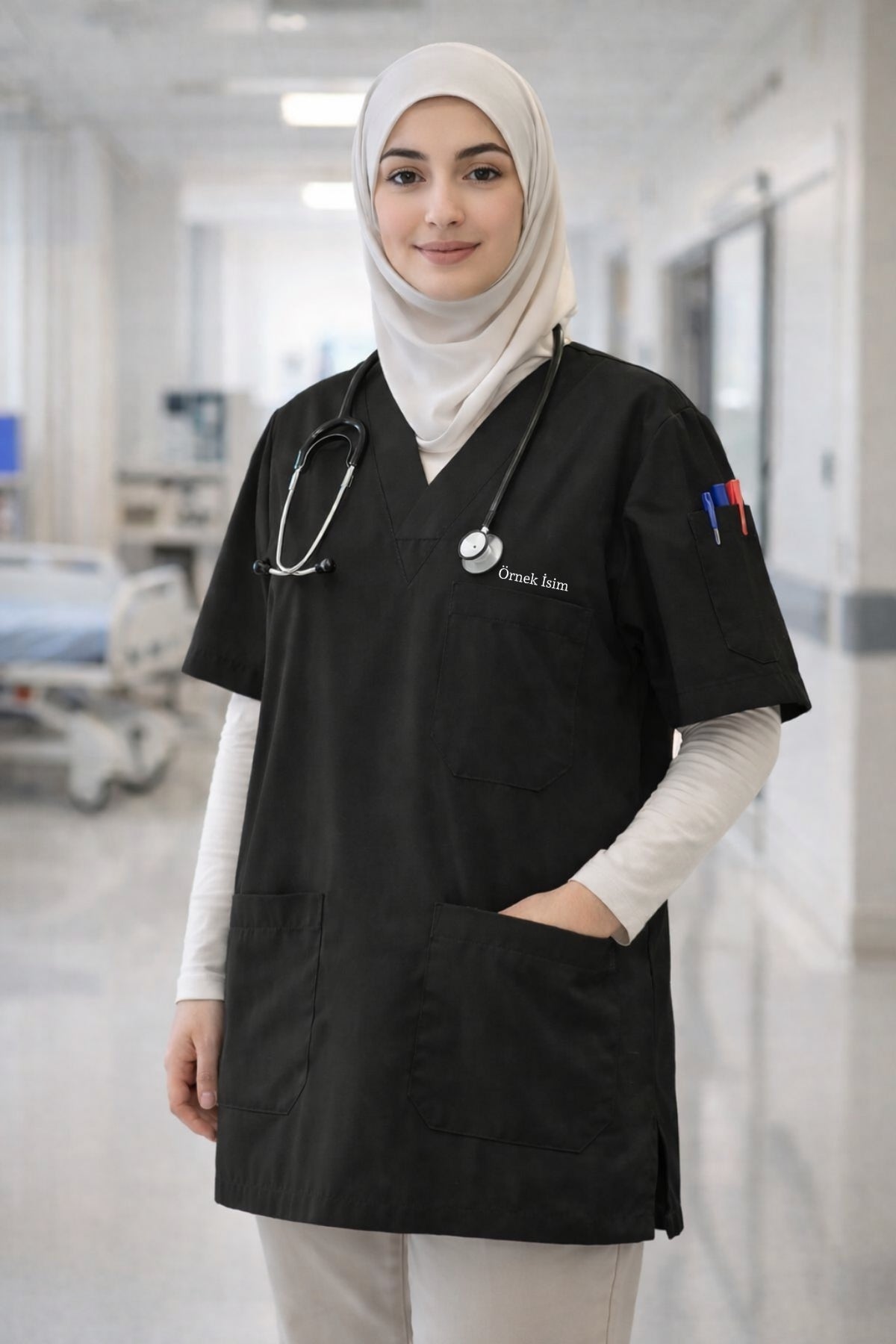 Siyah tesettür scrubs forma kadın doktor ve hemşire için modern medikal scrubs üniforma